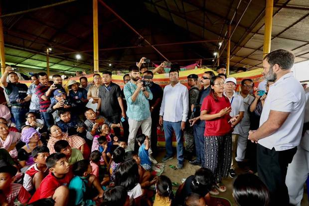 Moirang: Congress leader Rahul Gandhi meets with violence affected people at a relief camp in Moirang, Manipur. (PTI Photo)