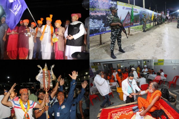 The Lieutenant Governor of Jammu and Kashmir Manoj Sinha on June 30 flagged off the first batch of Amarnath Yatra pilgrims from Jammu. Before flagging off the batch, Sinha performed a puja.The 62-day yatra pilgrimage will start from July 1. Pilgrims will leave for the twin base camps of Baltal and Pahalgam in Kashmir to journey on the pilgrimage to the 3,880-metre-high cave shrine of Lord Shiva in the south Kashmir Himalayas. Over 3,500 pilgrims have reportedly arrived in Jammu to go on the pilgrimage.