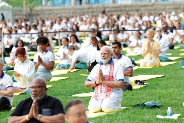 Participants took part in the 9th International Day of Yoga event with India's Prime Minister Narendra Modi at United Nations headquarters in New York City. (Photo Credits: Reuters)