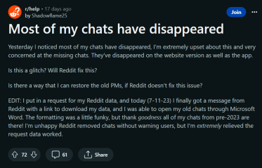One of the Redditors posted about the disappearance of their chats. 