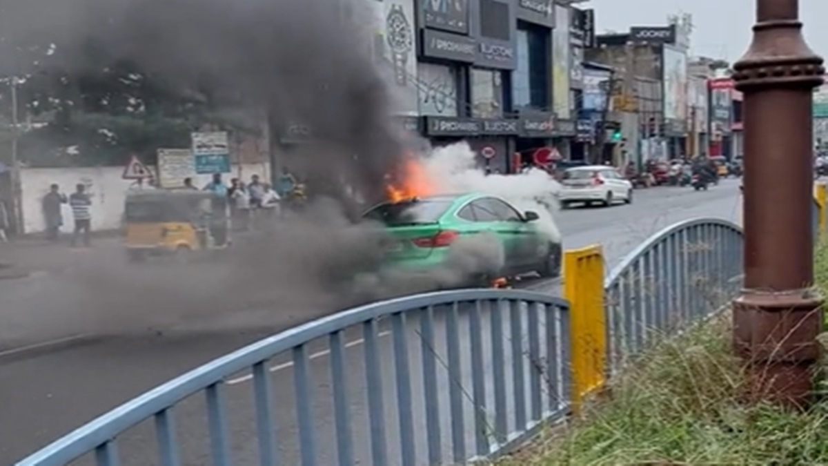 WATCH Video | BMW goes up in flames on busy Chennai road
