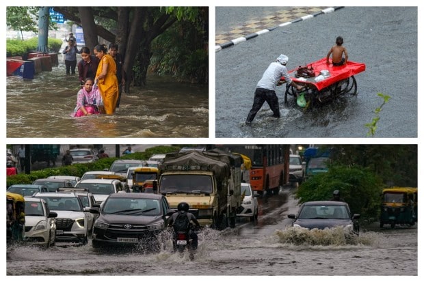 Heavy Monsoon Rains have bought a sigh of relief to the people of Northern India for the past few days but as the rainfall continues to pour in many areas, people can be seen struggling to commute or even get out of their houses. Rainwater has clogged up the roads and commuters are finding it hard to travel. While long lines of vehicles could be seen stuck in the water, some areas also experienced disruptions in power and internet connectivity due to strong winds and showers. (Image: PTI)
