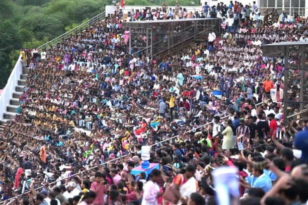 People gathered to witness the launch of ISRO's PSLV-C56 on Sunday. (Image: PTI)