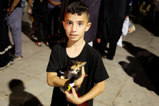 A child carrying a cat looks on as residents of Jenin camp flee their homes. (Image: Reuters)