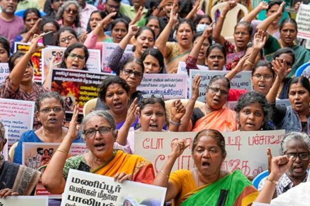 Members of All India Democratic Women's Association (AIDWA) stage a protest in Chennai on July 22. (Image: PTI)