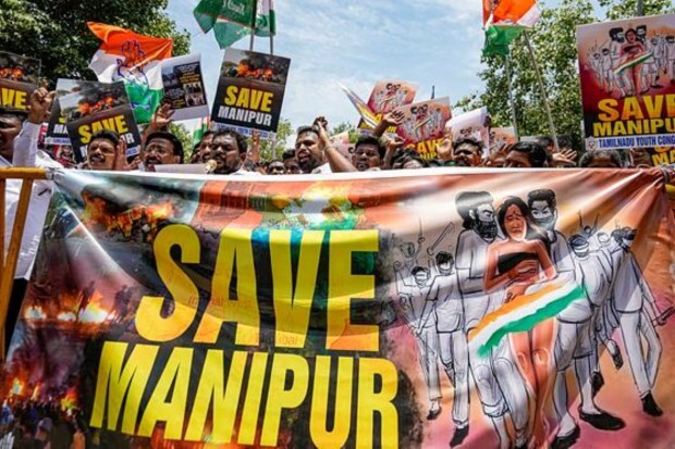 Members of Tamil Nadu Youth Congress shout slogans during a protest against the central government regarding the ongoing ethnic violence in Manipur in Chennai on July 21. (Image: PTI)