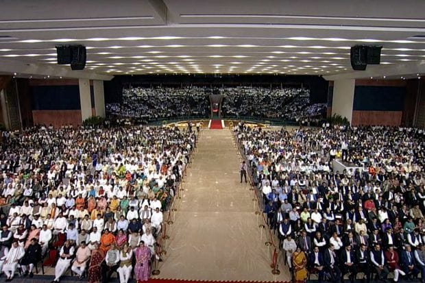 Gathering at the inauguration of the redeveloped International Exhibition-cum-Convention Centre (IECC) complex at Pragati Maidan. The inaugural ceremony was attended by around 3,000 guests including Cabinet ministers, captains of industry, film personalities and others. (Photo Credits: PTI)
