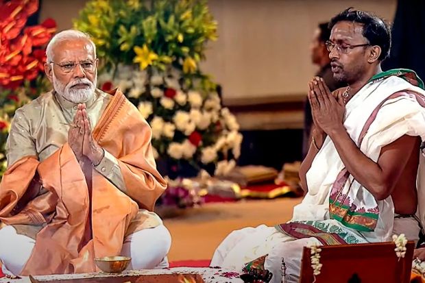 Visuals show Prime Minister Narendra Modi taking part in the havan-puja ceremony in the India Trade Promotion Organisation (ITPO) complex to mark the inaugural of the IECC complex at New Delhi's Pragati Maidan on Wednesday. (Photo Credits: PTI)