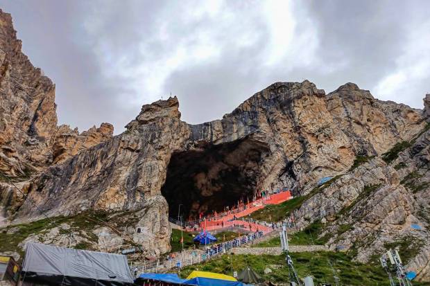 Amarnath: Pilgrims near the holy cave shrine of Amarnath. (PTI Photo)