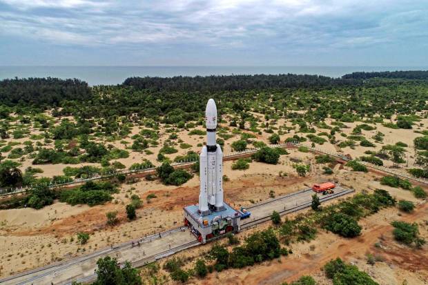 The Launch Vehicle Mark-III (LVM3) M4 vehicle with Chandrayaan-3 being moved to the launch pad at Satish Dhawan Space Centre, in Sriharikota. (PTI Photo)
