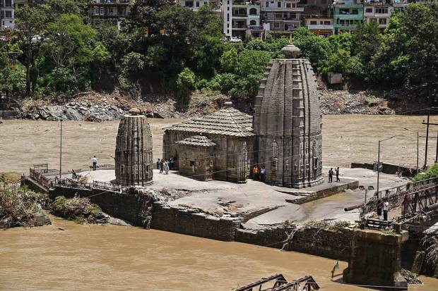 Panchvaktra Temple during a flood following heavy monsoon rains, in Mandi. (PTI Photo)