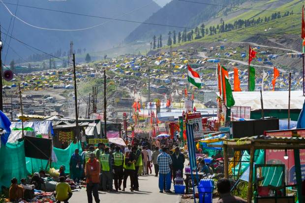 Baltal: Pilgrims at the Amarnath Yatra 2023 base camp in Baltal. (PTI Photo)