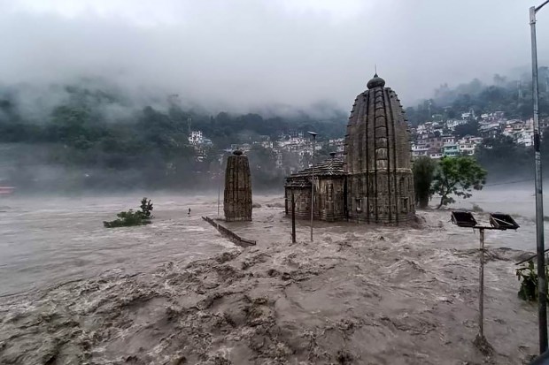 Beas river in spate following heavy monsoon rains, in Mandi on July 9, 2023. (Image: PTI Photo)