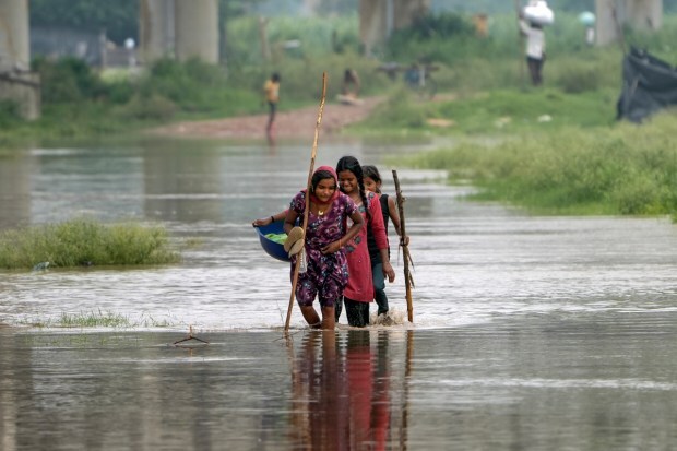  People from low-lying areas around the Yamuna relocating to a safer place. (Image: PTI)