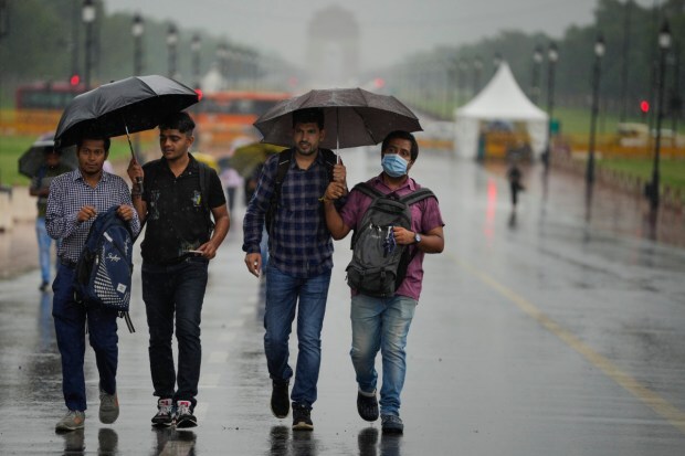People holding umbrella walk on the Kartavya Path in New Delhi. (Image: PTI)