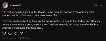 Adam Mosseri's post on Threads