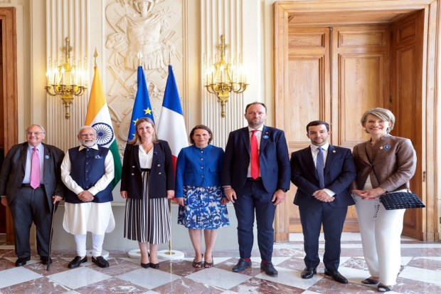 Prime Minister Narendra Modi during a meeting with President of the National Assembly, Braun Pivet and other senior leaders of the assembly, in Paris, France, on July 14, 2023. (Image: PTI Photo)