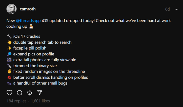 Cameron Roth posted about the iOS update on Threads.