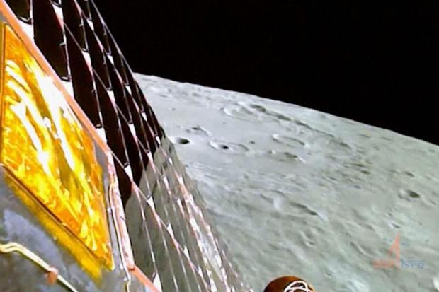 This image from video provided by the Indian Space Research Organisation shows the surface of the moon as the Chandrayaan-3 spacecraft prepares for landing. (Image/ISRO)