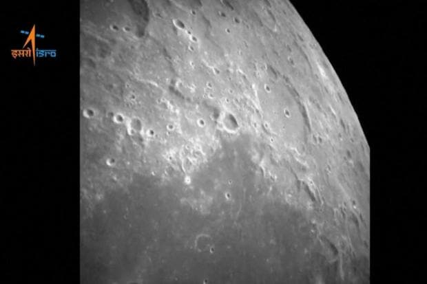 This image from video provided by the Indian Space Research Organisation shows the surface of the moon as the Chandrayaan-3 spacecraft prepares for landing on Wednesday. (Image/ISRO)