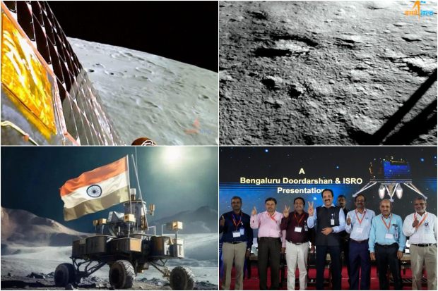 The Indian Space Research Organisation (ISRO) scripted history as Chandrayaan-3 spacecraft made a soft landing on the surface of the Moon Wednesday evening. The spacecraft’s Vikram lander made the soft landing at 6.04 PM (IST), ending the disappointment over the crash-landing of the Chandrayaan-2 lander four years ago. With the mission’s success, India has become the first country to land a spacecraft in uncharted territory near the lunar south pole. (Images/AP/ISRO/PTI)