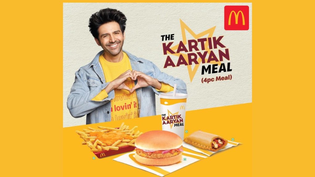 McDonald’s India (North and East) is currently selling a Kartik Aaryan Meal that includes the actor’s go-to menu items from McDonald’s — a McAloo Tikki Burger, Cheesy Fries, a Pizza McPuff and a regular beverage — at Rs 179 McDonald’s India (North and East) is currently selling a Kartik Aaryan Meal that includes the actor’s go-to menu items from McDonald’s — a McAloo Tikki Burger, Cheesy Fries, a Pizza McPuff and a regular beverage — at Rs 179