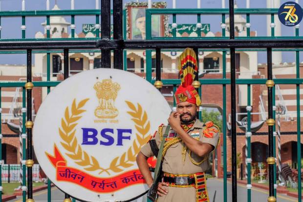 A Border Security Force (BSF) personnel during celebrations of the 77th Independence Day at the India-Pakistan Attari-Wagah border near Amritsar (PTI Photo)