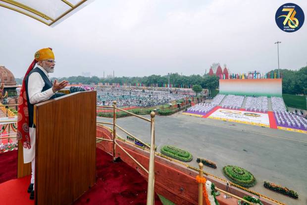 Prime Minister Narendra Modi addresses the nation from the historic Red Fort on the occasion of the 77th Independence Day, in New Delhi. (PTI Photo)
