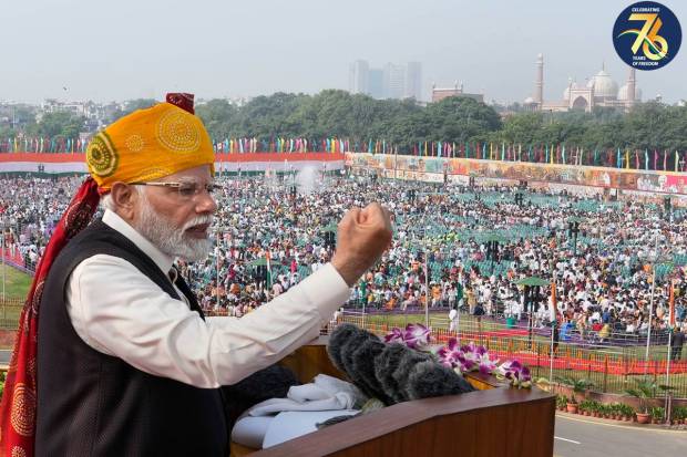 Prime Minister Narendra Modi addresses the nation from the Red Fort on the occasion of the 77th Independence Day, in New Delhi. (PTI)