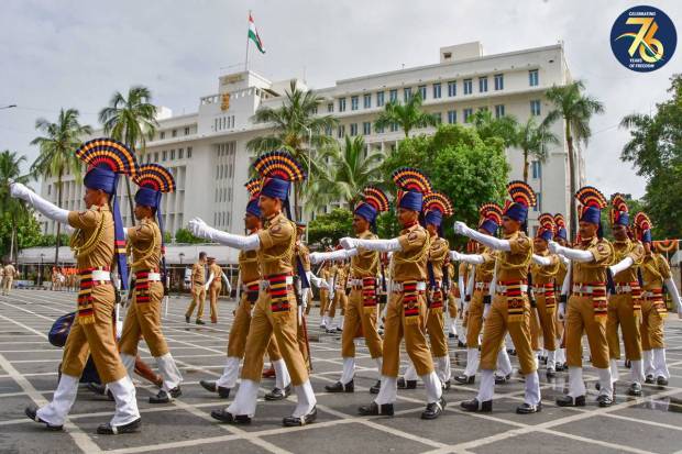 Police personnel perform a parade during the 77th Independence Day celebrations at Mantralaya, in Mumbai. (PTI Photo)