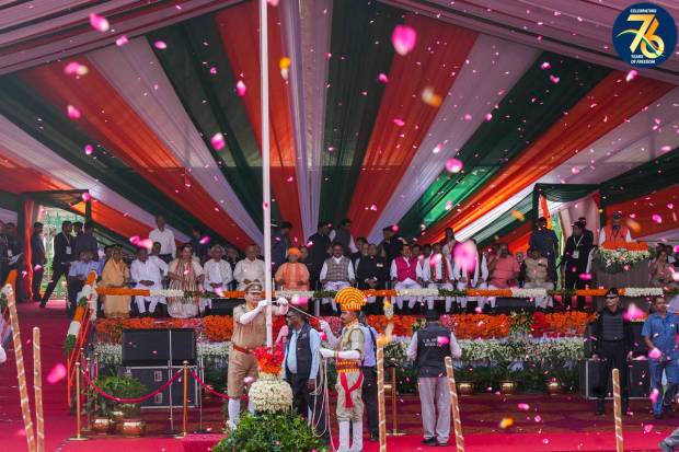 Uttar Pradesh Chief Minister Yogi Adityanath with Deputy CM Brajesh Pathak and others during the celebrations of the 77th Independence Day at the Vidhan Bhawan, in Lucknow. (PTI Photo)