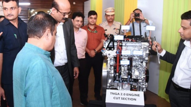 Nitin Gadkari and Toyota Kirloskar Motor's prototype flex-fuel engine.