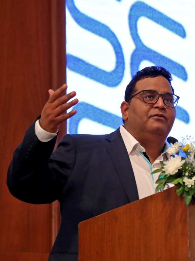 Paytm founder and CEO Vijay Shekhar Sharma delivers a speech during his company's IPO listing ceremony at the Bombay Stock Exchange in Mumbai