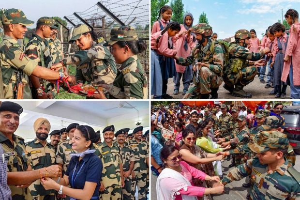 Raksha Bandhan is being celebrated across India. On this day, sisters tie Rakhi, a sacred thread, around their brother’s wrists and wish them a prosperous and healthy life, while the brothers promise to protect and cherish their sisters. This year Raksha Bandhan falls on August 30 and 31. On the occasion, Soldiers and paramilitary personnel posted far away from home along the Line of Control and International Border across the nation celebrated Raksha Bandhan with locals. Take a look at heartwarming images – 