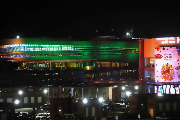 Bharat Mandapam illuminated with colourful lights during the G20 Summit. (PTI Photo)