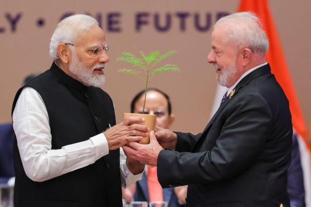 Prime Minister Narendra Modi being presented a sapling by Brazilian President Luiz Inacio Lula da Silva at the Session-3 on 'One Future' during the G20 Summit. (Image/PTI)