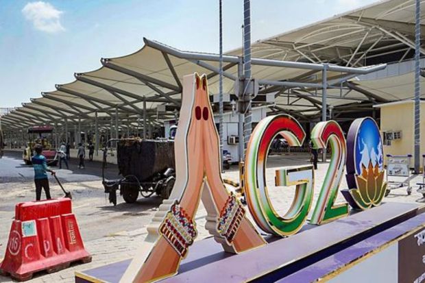 G20 logo installed near IGI Airport in preparation for the G20 Summit in New Delhi. (PTI Photo/Kamal Singh)