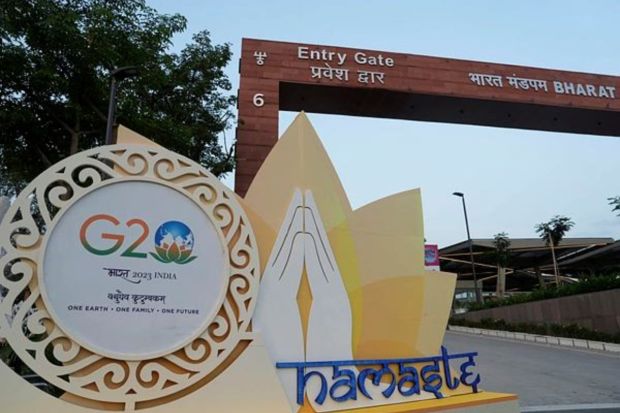 Entry Gate of Bharat Mandapam is seen ahead of the G20 summit in New Delhi. (PTI Photo/Manvender Vashist Lav)