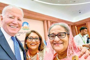 US President Joe Biden poses for a selfie with Bangladesh Prime Minister Sheikh Hasina and her daughter Saima Wazed