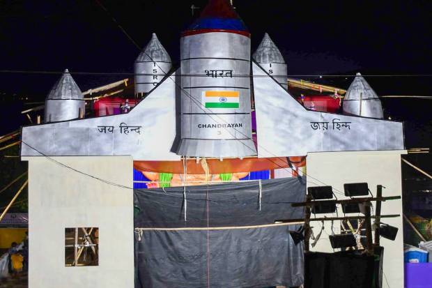 A 'pandal' themed on 'Chandrayaan-3' is made for the 'Ganesh Chaturthi' festival, in Guwahati. (PTI Photo)
