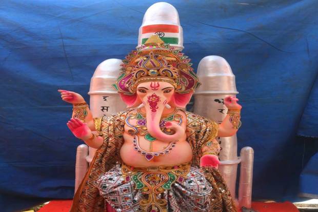 Chandrayaan-3 themed idol of Lord Ganesha at a 'pandal' for the Ganesh Chaturthi festival, in Bhopal. (PTI Photo)