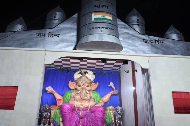 A 'pandal' themed on 'Chandrayaan-3' is made for the'Ganesh Chaturthi festival, in Guwahati. (PTI Photo)