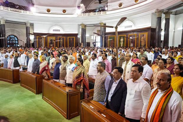 Members of the Lok Sabha and Rajya Sabha during an event organised in the Central Hall of Parliament on the occasion of the shifting of Parliament to the new building, in New Delhi. (PTI Photo)