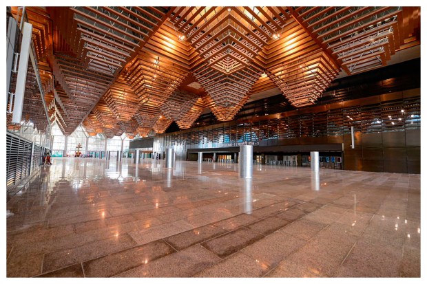 The Convention Center incorporates elements inspired by Indian culture, featuring Terazzo floors and brass inlay patterns resembling ‘rangolis’. (Image: PTI)