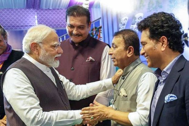 PM Modi with former cricketers Sunil Gavaskar, Ravi Shastri and Sachin Tendulkar in Varanasi. This will be Uttar Pradesh's third international cricket stadium after Kanpur and Lucknow. (PTI Photo)