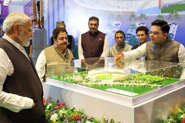 PM Modi with BCCI Secretary Jay Shah and others during the ceremony of an international cricket stadium. The thematic architecture of this stadium draws inspiration from Lord Shiva, with crescent-shaped roof covers, trident-shaped floodlights, a seating arrangement resembling the flights of stairs at ghats, and Bilvipatra-shaped metallic sheets on the facade. (PTI Photo)