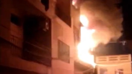 A fire broke out in Sangam Vihar on Tuesday. (Image: Screengrab/PTI) A fire broke out in Sangam Vihar on Tuesday. (Image: Screengrab/PTI)