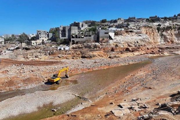 A view shows the damaged areas, in the aftermath of the floods. Daniel, an unusually strong Mediterranean storm, caused deadly flooding in communities across eastern Libya, but the worst-hit was Derna. As the storm pounded the coast Sunday night, residents said they heard loud explosions when two dams outside the city collapsed. (Marwan Alfaituri/via REUTERS)