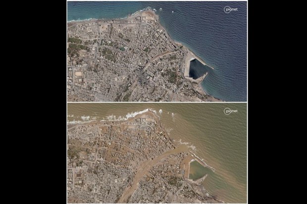 A combination image of satellite photos shows an area before and after a powerful storm and heavy rainfall hit the country, in Derna, September 2 (top) and September 12. (Image: Reuters)
