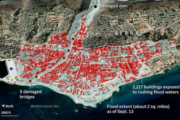 Map shows the flood damage extent in Derna, Libya. The death toll in Libya's coastal city of Derna has soared to 11,300 as search efforts continue following a massive flood fed by the breaching of two dams in heavy rains, the Libyan Red Crescent said Thursday. (AP Photo)